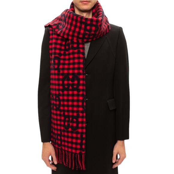 Gucci Diamcheck GG Logo Monogram Wool Jacquard Scarf Red Black 94"x 14" - Picture 1 of 12